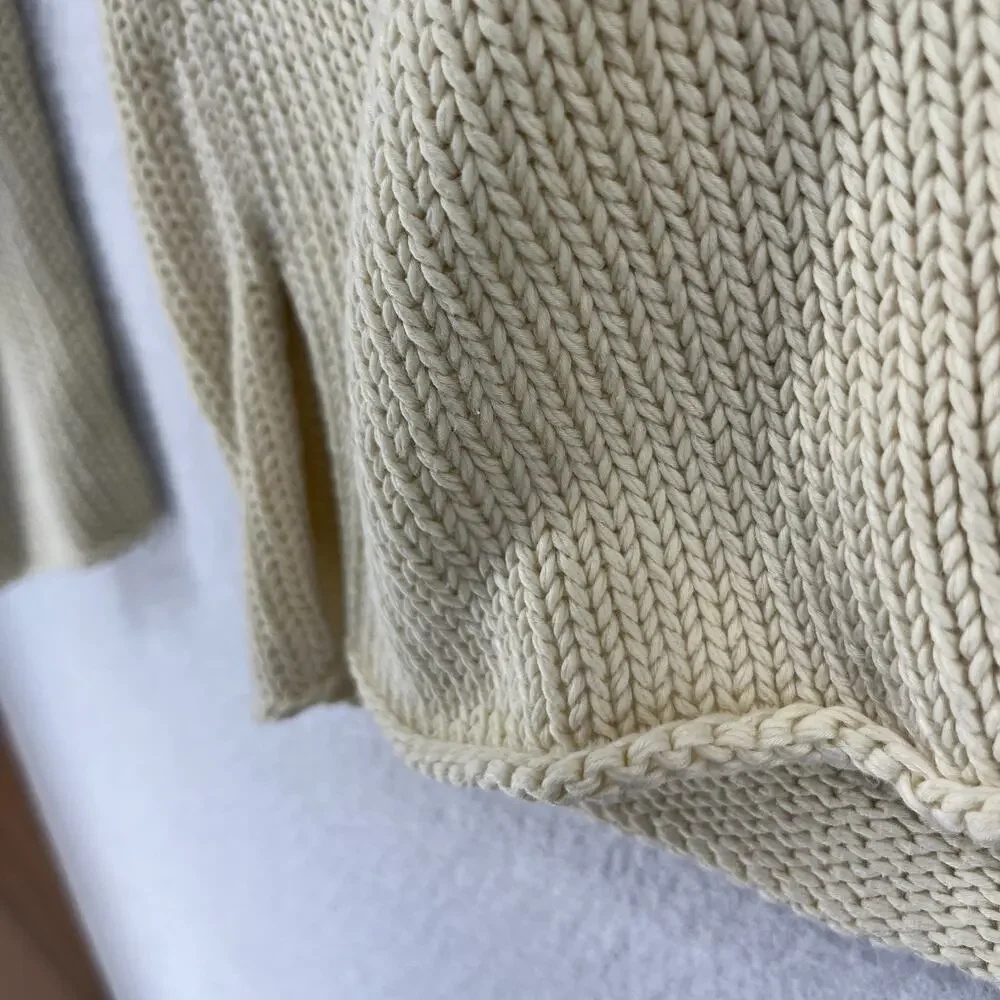 EILEEN FISHER Sweater S Cotton Chunky V-Neck Rolled Hem Pullover Off White VTG